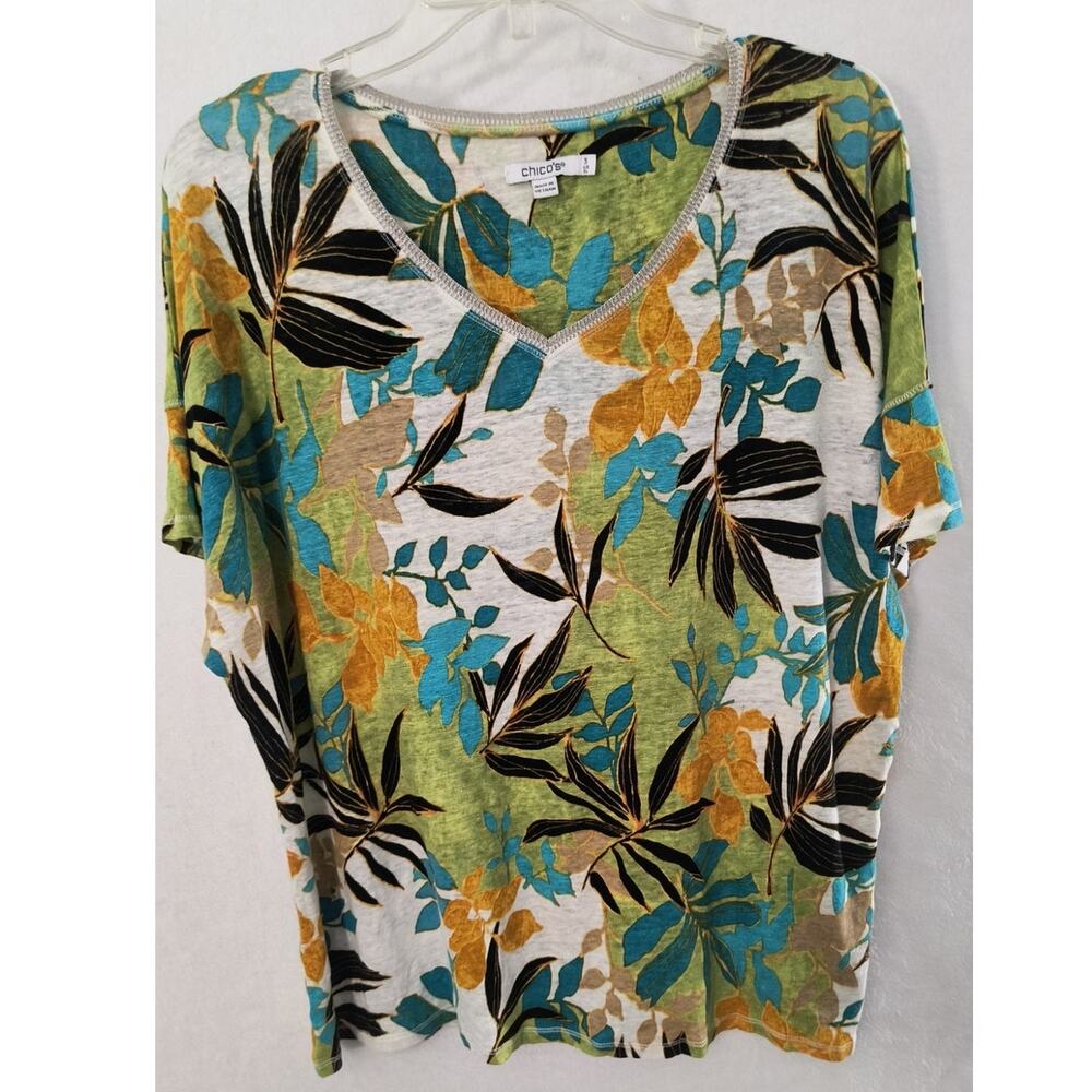 Chico's Linen Knit Tee XL Tropical Print Short Sleeve Metallic V-Neck Tropical - Picture 10 of 13